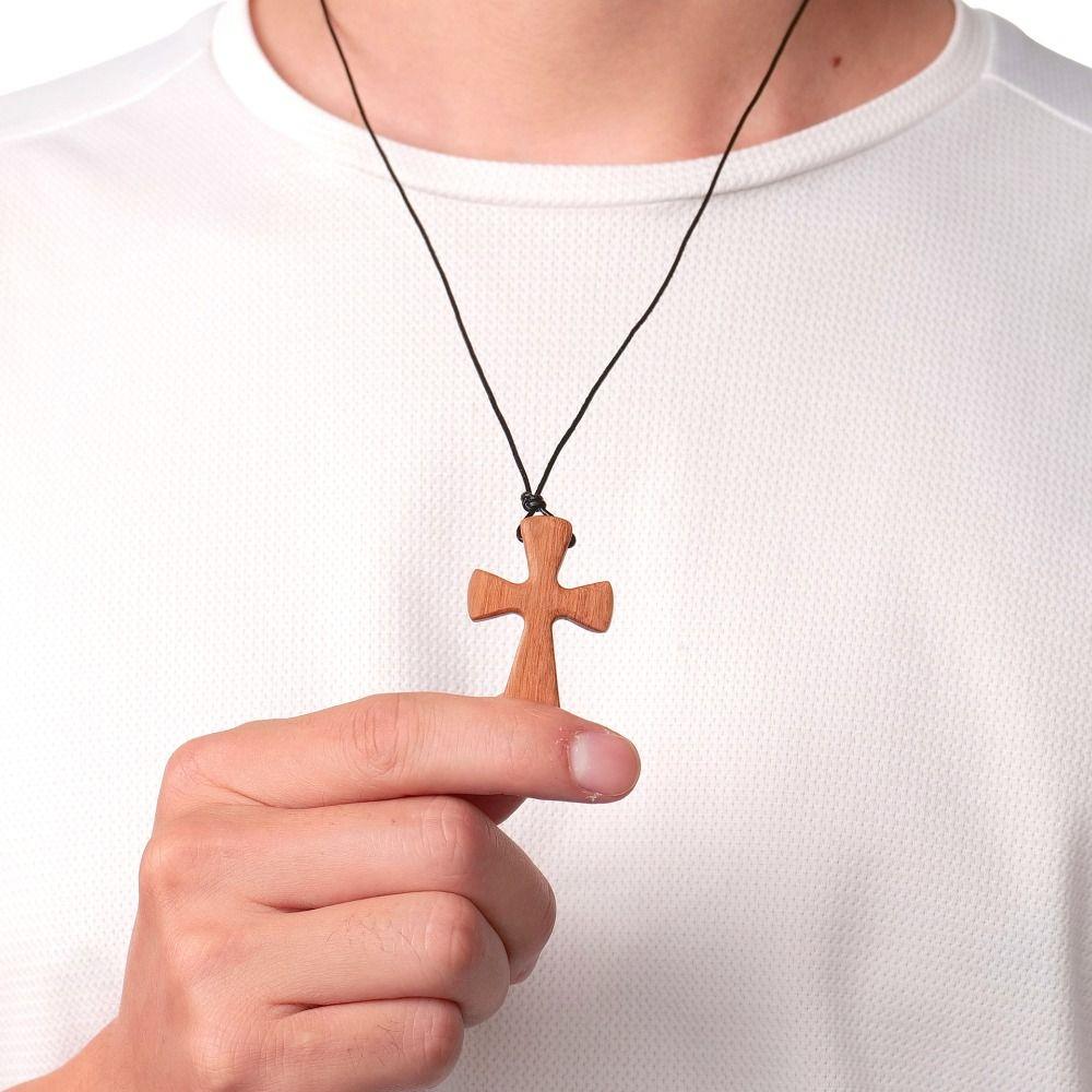 Hand-carved Cross Pendant Leather Rope Neckchain for Prayer Funny Cross Necklaces Church
