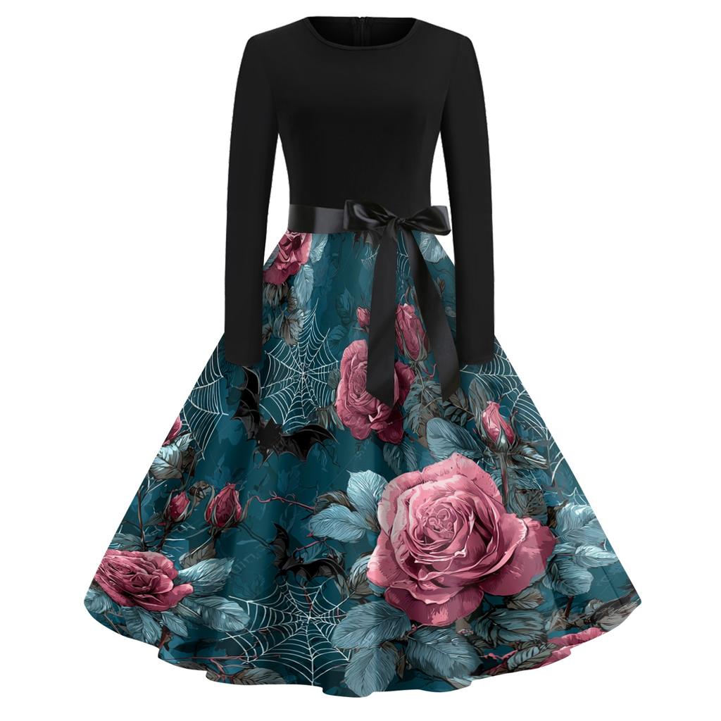 Women Casual Long Sleeve Dress Vintage Round Neck Floral Print Midi Dress with Waist Tie for Halloween Party