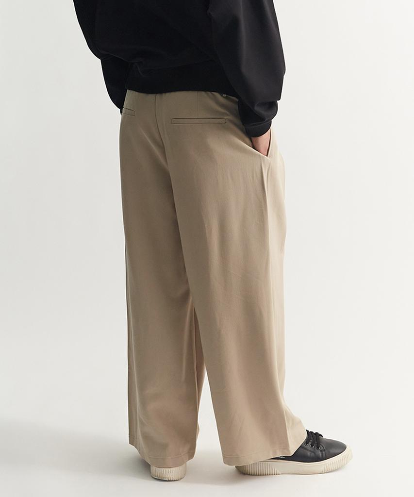 Deulouem Wide Half-Band Asymmetrical Pants (Beige)