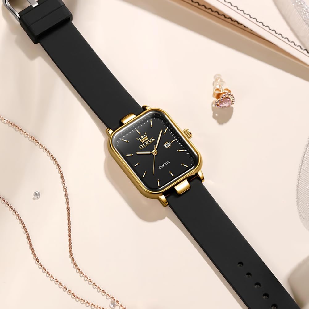 OLEVS Classic Quartz Women's Watch - Silicone Band Series, Gold-Black Color, Elegant Design, 30M Waterproof