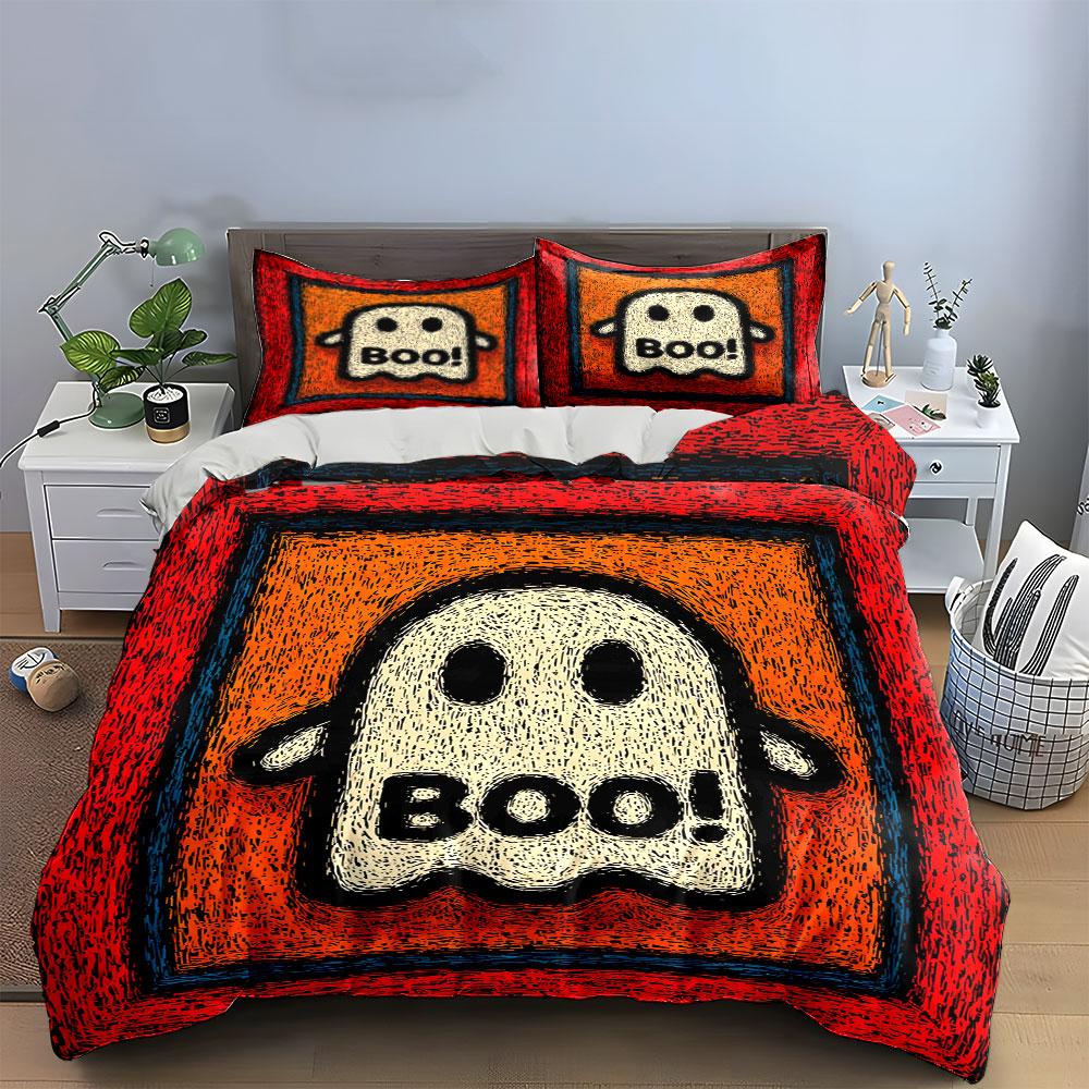 Ghost Illustration with "Boo!" Bedding Duvet Cover Set  (1*Duvet Cover 2*Pillowcases, Without Duvet Insert)