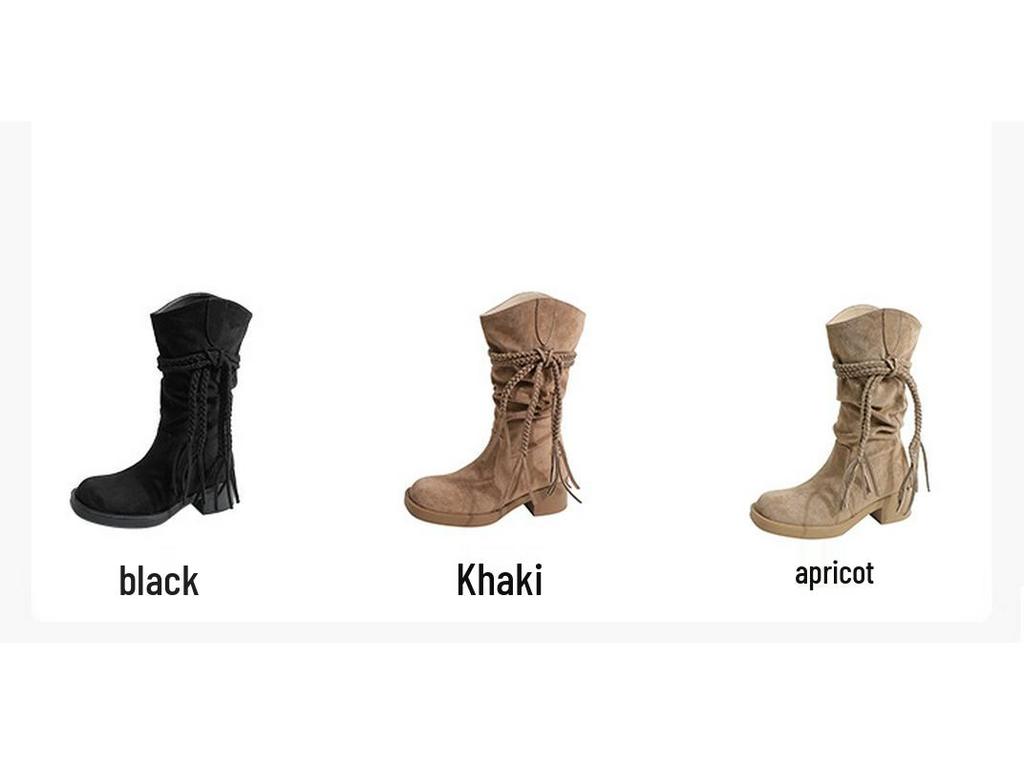 Women's Retro Chunky Heel Tassel Boots - Suede Mid-Calf Ruched Cowboy Style for Autumn/Winter