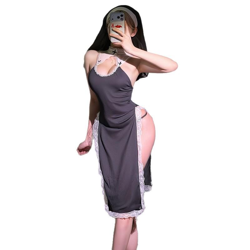 Sexy lingerie sexy cosplay nun uniform high split lace dress hollow halter uniform