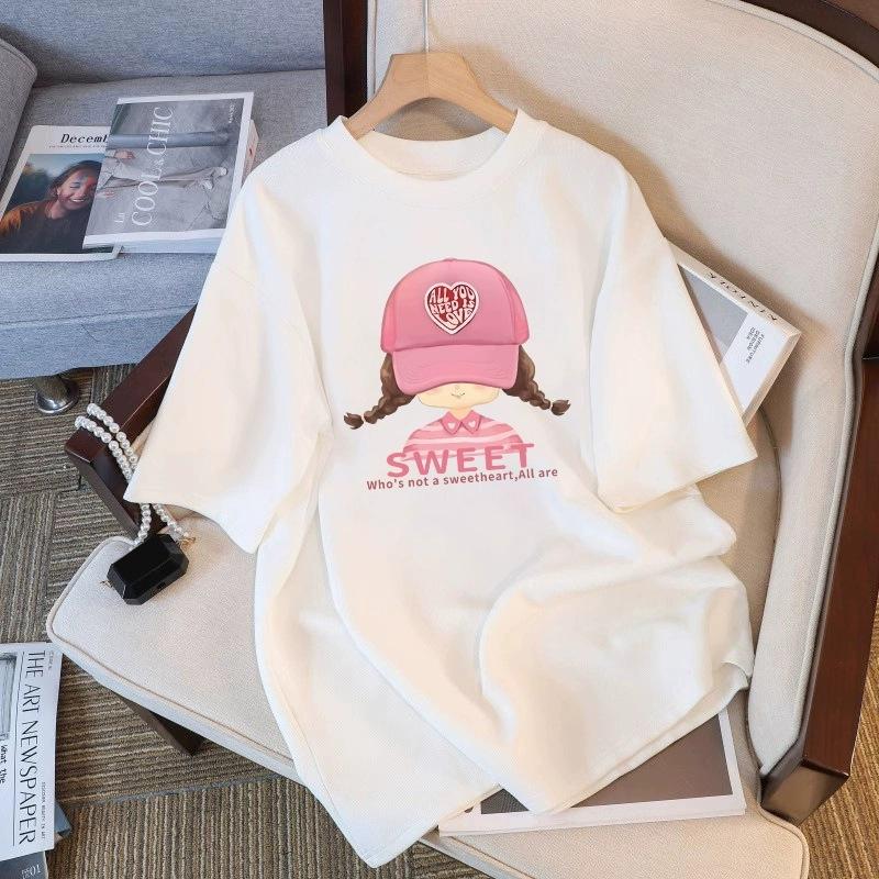 Tricou cu mânecă scurtă din bumbac pur, alb, pentru femei, de vară, nou, de dimensiuni mari, design lejer, imprimat, subțire, cu mânecă jumătate