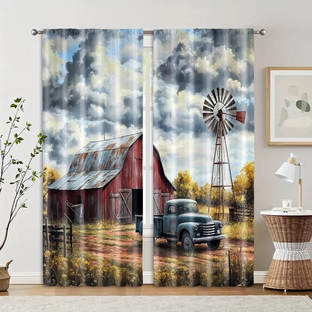 2pcs, Pattern Curtains Farmhouse Windmill Canvas Art with Vintage Trucks Polyester (without Rod) Decorations Inside Use for