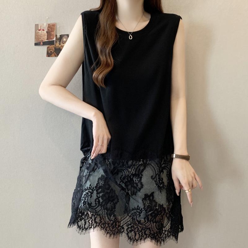 Plus Size Lace Splicing Round Neck Vest - Flaw-Covering Slimming Top 4XL