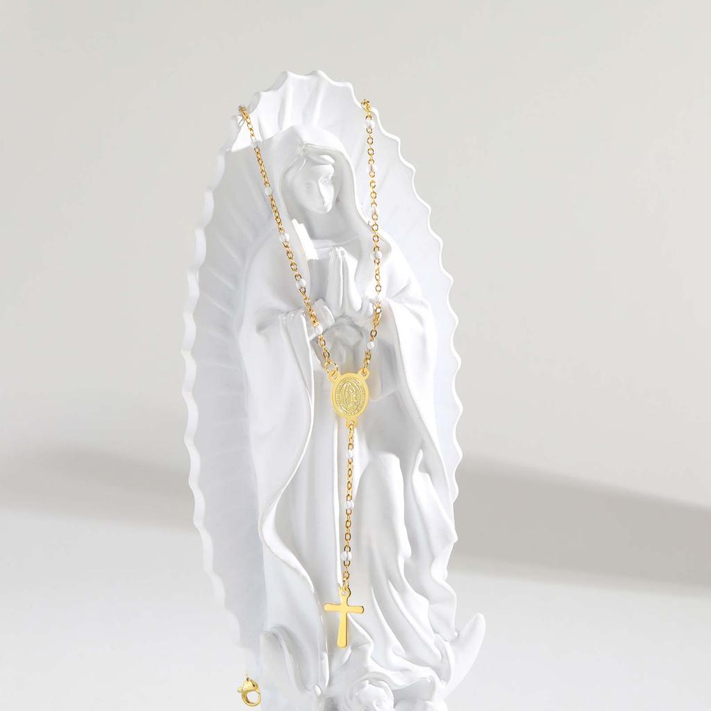 Stainless Steel Rosary Virgin Cross Drop Y-shaped Necklace,Women's White Rice Bead Chain Prayer Necklaces,Exquisite Jewelry Gift