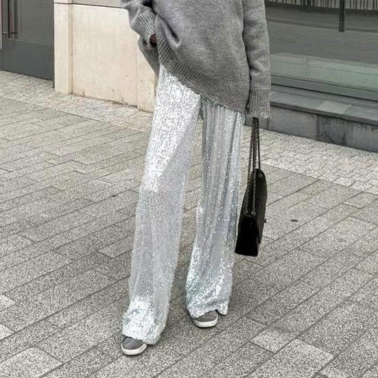 Women Pants Mid-rise Solid Color Sparkling Sequins Casual Trousers Wide Leg Stage Dance Pants Night Club Party Wear