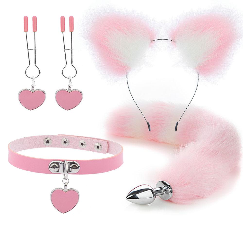 Anal Sex Toys Fox Tail Butt Plug Sexy Plush Cat Ear Headband With Bells Necklace Set Massage Sex Toys For Women Couples Cosplay