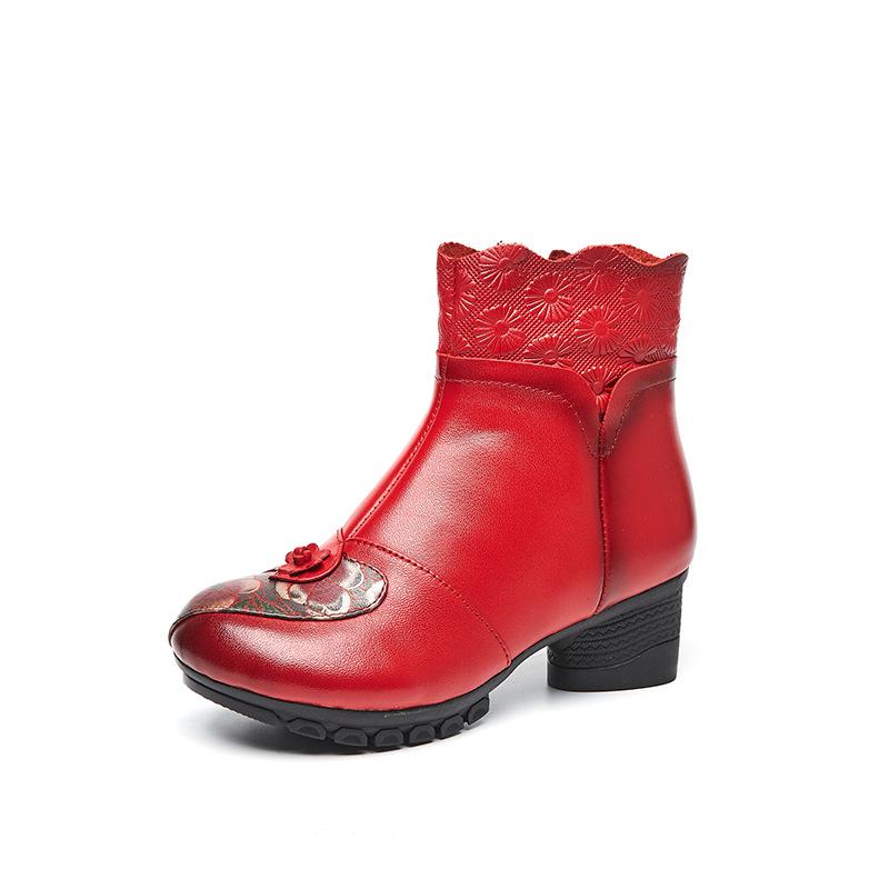 Ethnic Style Fall and Winter Women's Boots Head Layer Cowhide Thick with Soft Bottom Waterproof Boots Round Head Fashion Cotton Shoes