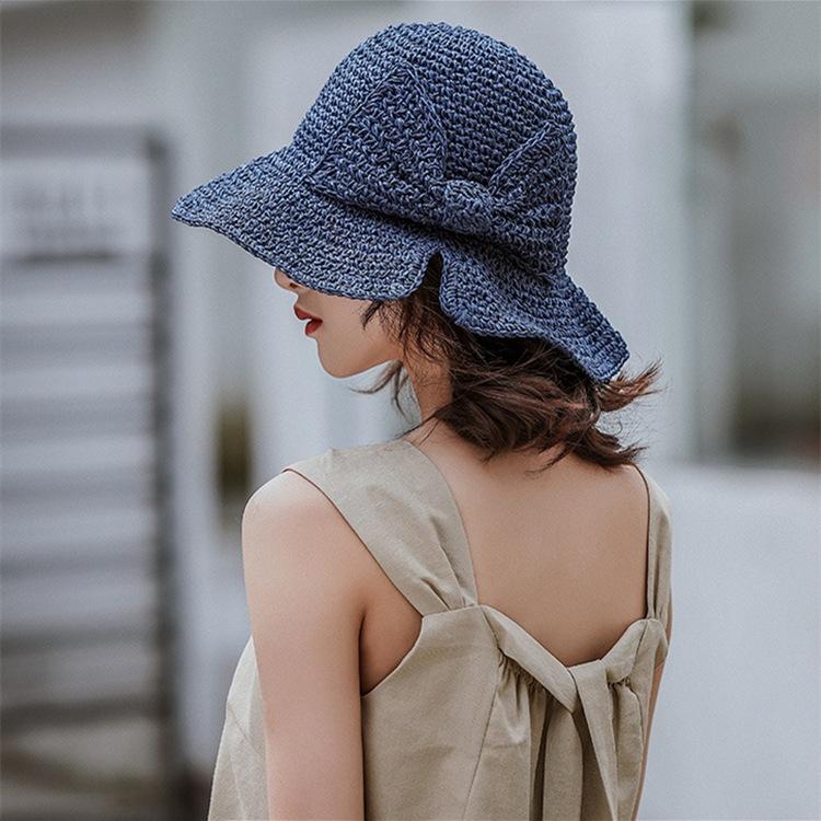 100% Raffia Bow Sun Hat Wide Brim Floppy Hats Women Beach Panama Straw Dome Bucket Hat
