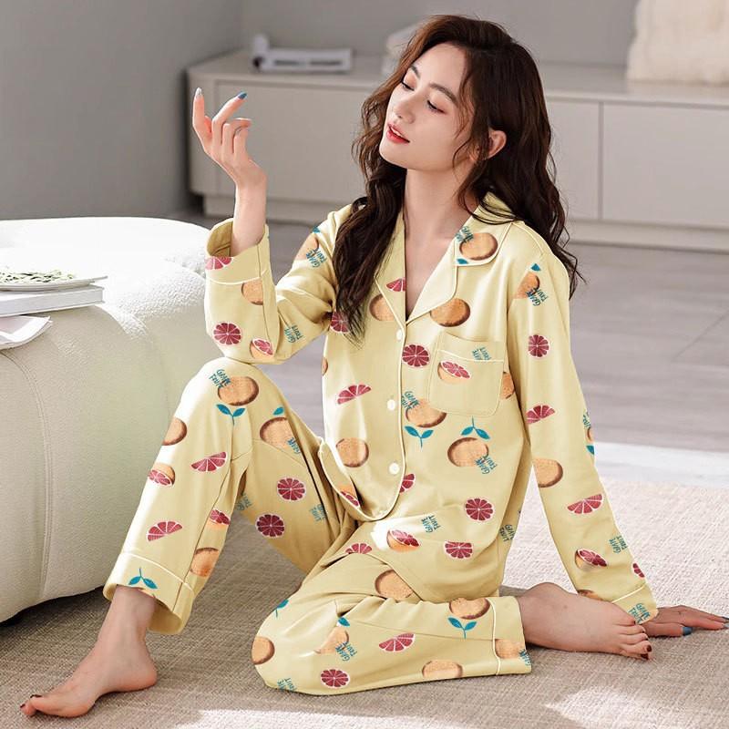 Spring And Autumn Pajamas Women'S Cardigan Long-Sleeved Trousers Korean Girls' Simple Cartoon Loungewear Suit Can Be Worn Outside