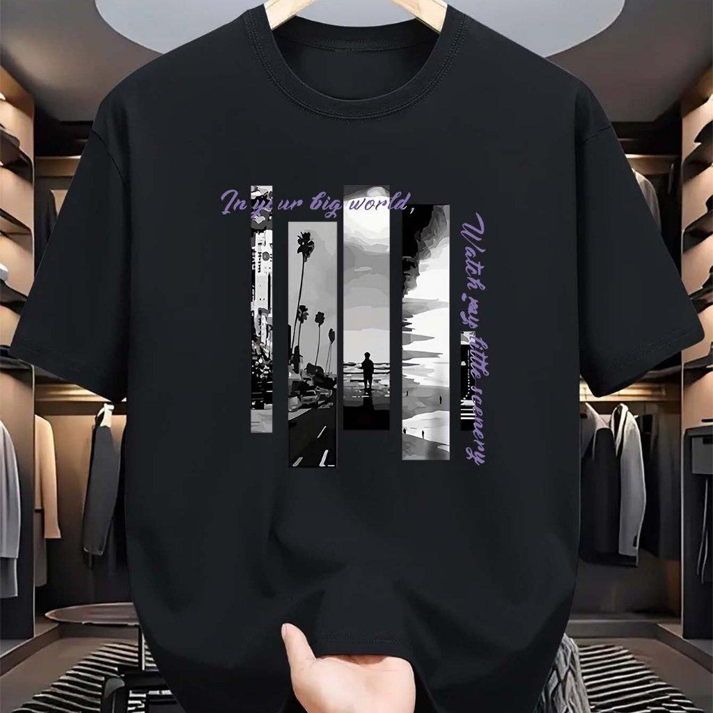 

Men s casual round neck T-shirt with seaside letter print, short sleeves with slight elasticity, regular style fashionable and trendy top XS