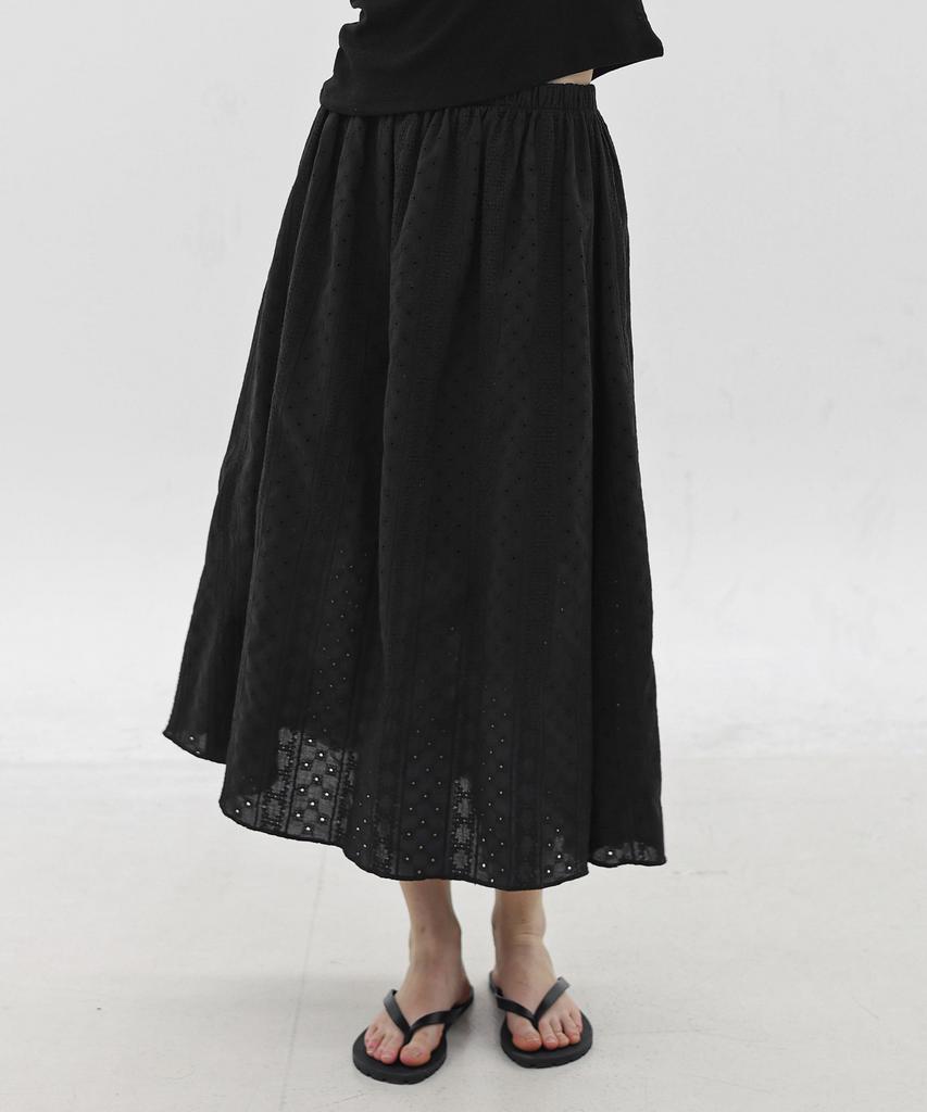 Keullaepeu Cotton Lace Elastic Waist Long Skirt_Black
