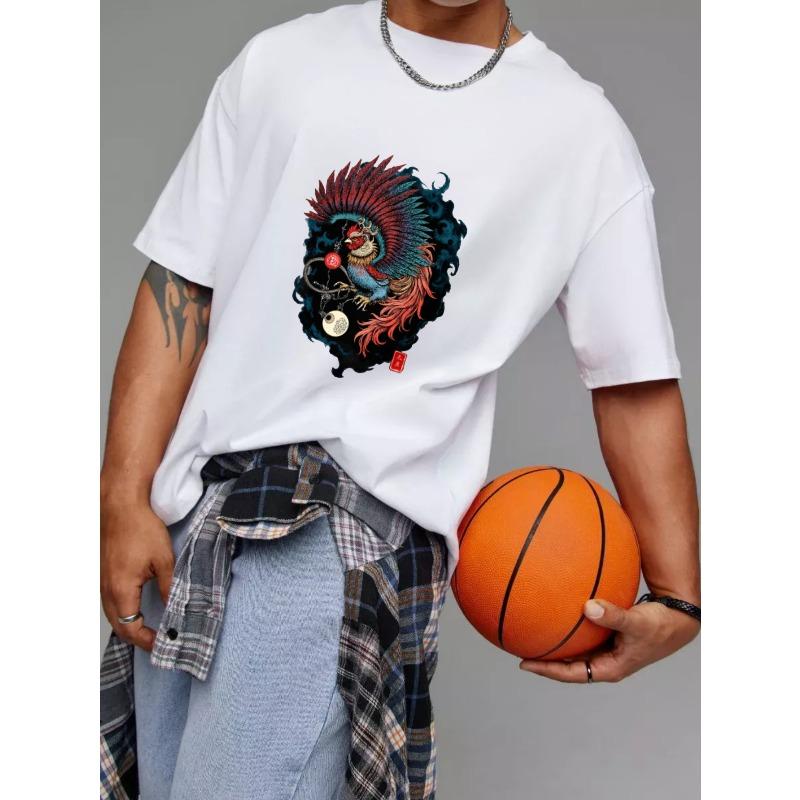 White T Shirt with Phoenix and Yin Yang Design for Casual Wear