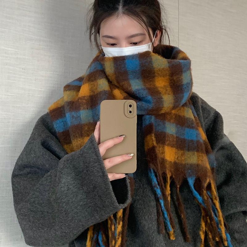 Korean Mohair Checkered Scarf Thickened and Warm for Women in Winter Long Faux Cashmere Scarf  Student Knitted