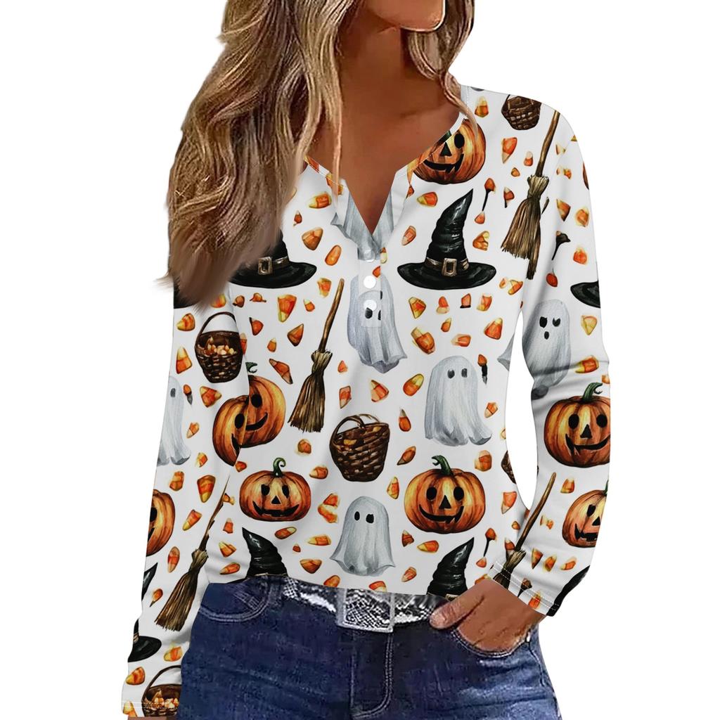 Women's Halloween Print V-Neck Long Sleeve T-Shirt with Button for Casual Holiday Wear