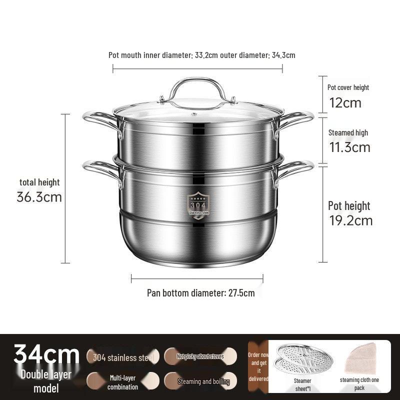 Three-Layer Multi-Functional 304 Stainless Steel Steamer Pot with Large Capacity for Steaming and Boiling