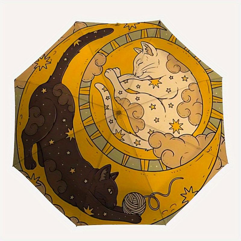 1pc Moon Cats Automatic Open/Close Umbrella with Windproof, Functional Design, 8-Rib Sturdy Canopy