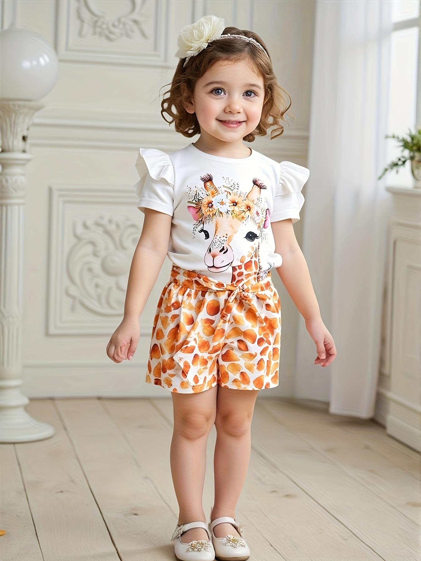 Girls Summer Outfit Cartoon Giraffe Print Sleeveless Top and Shorts Set Fashion Kids Clothes 1-2Y