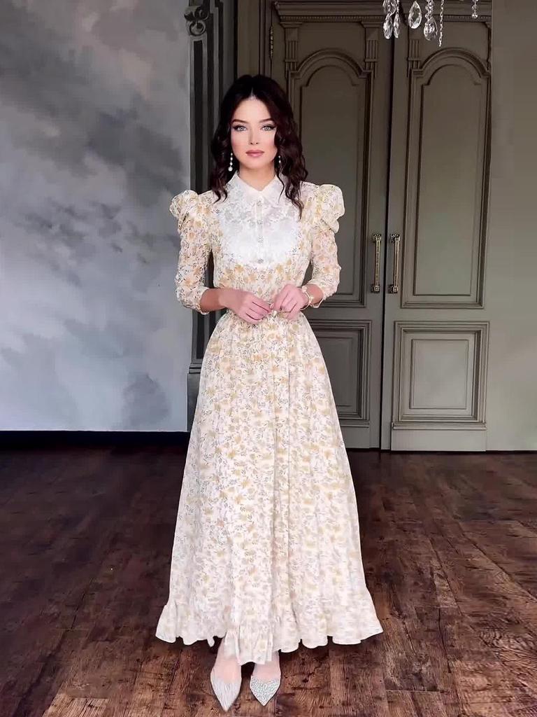 2024 Floral Lace Lapel Slim Fit Dress with Doll Collar