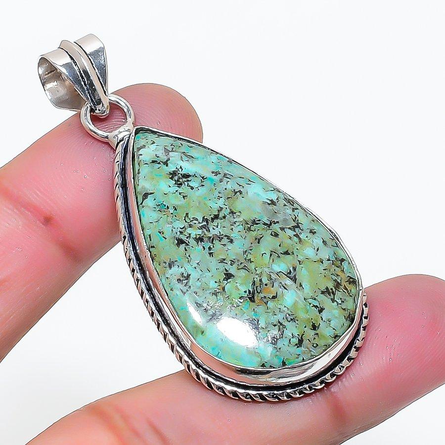 Natural Tibetan Turquoise Gemstone 925 Sterling Silver Pendant 2.01" AP-15213