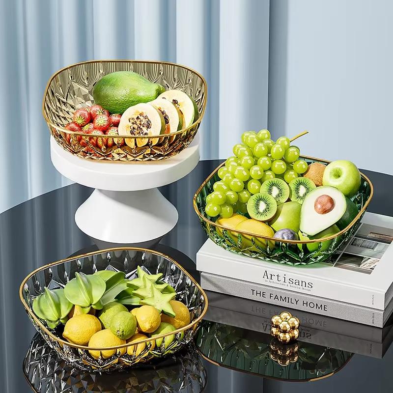 Gold Rim Crystal Fruit Bowl Diamond Cut Texture Shatter Resistant Food Safe Dish for Wedding Party Home Decor Use