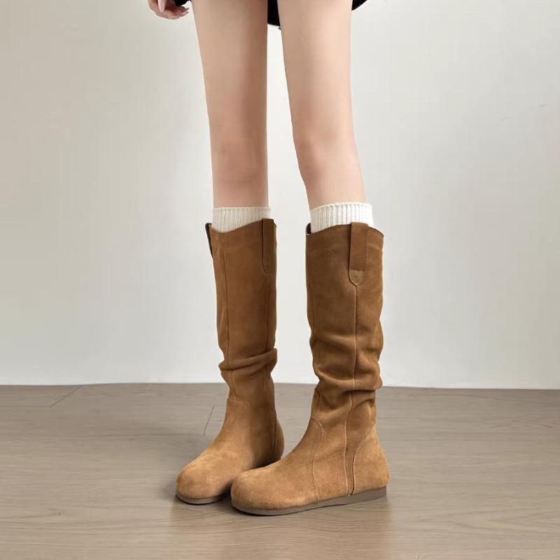 

Long Boots, Autumn and Winter Shoes, Round-toed Pleated Boots, Women s Flat High Boots 40 коричневий