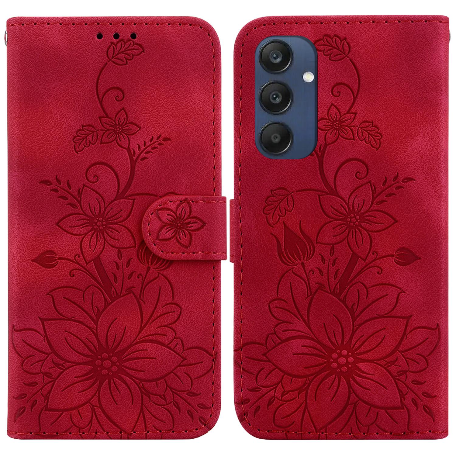 

For Samsung Galaxy M35 5G Stand Case Lily Flower Imprint Leather Phone Cover Red