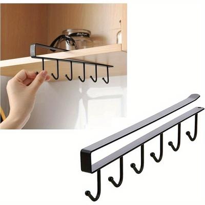 Cup Holder Under Cup Cabinet Hanging Hooks Rack 6Hooks Drilling Free Coffee Mug Holder Kitchen Utensil Storage Organizer Hanger Hook Rack,1Pack Black