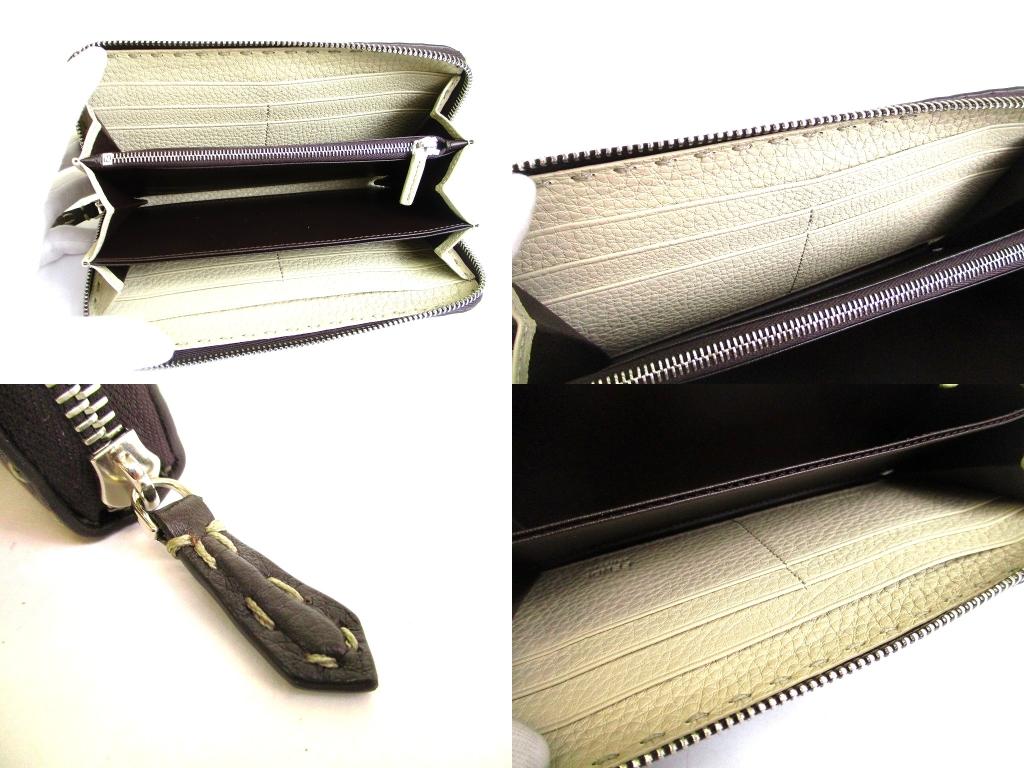 Authentic FENDI Selleria Dark Brown Beige Leather Zip Around Zip Wallet #b256  Seller Refurbished