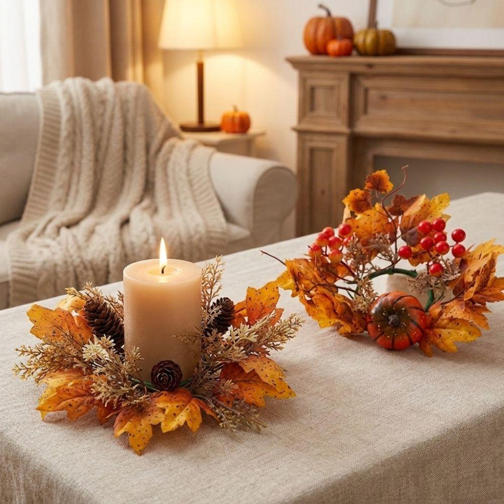 Rustic Artificial Maple Mini Wreath Fade Resistant Berries Pine Cone Candle Ring  Thanksgiving Day