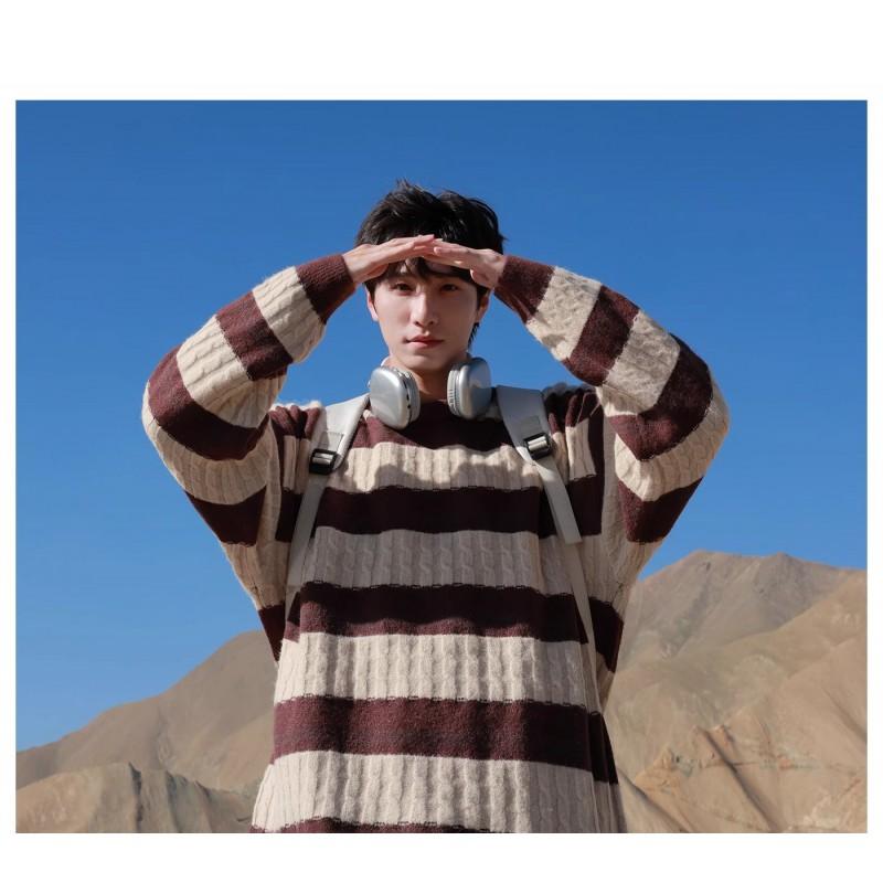 Mens Crewneck Sweater Japanese Vintage Striped Couple Knitwear Casual Trendy Top