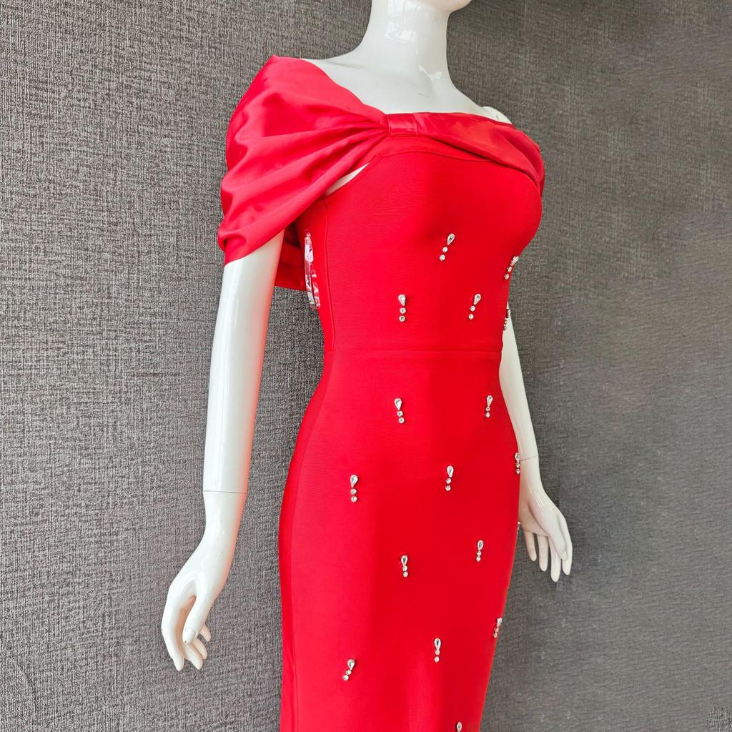 European & American Off-Shoulder Luxury Studded Bandage Evening Dress