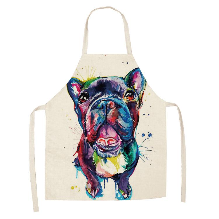 1 Pcs Cotton Linen BullDog Dog Print Kitchen Aprons Unisex Dinner Party Cooking Bib Funny Pinafore Cleaning Apron