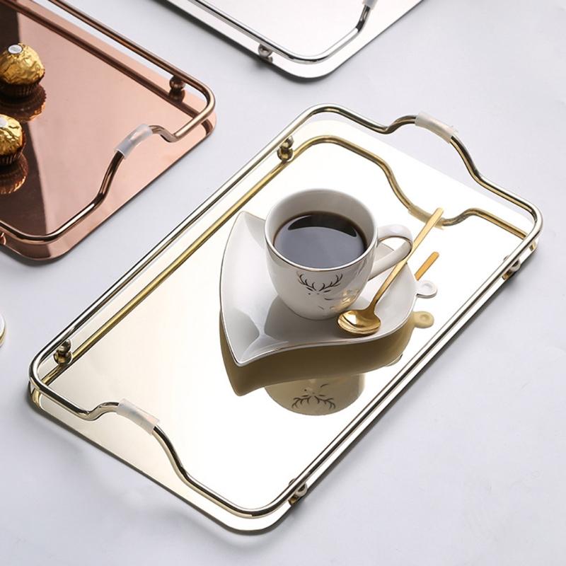 Nordisk Rektangulär Spegelbricka i Rostfritt Stål med Handtag Serveringsbrickor för Kaffebar Elegant Förvaringsfat för Tekanna och Koppar
