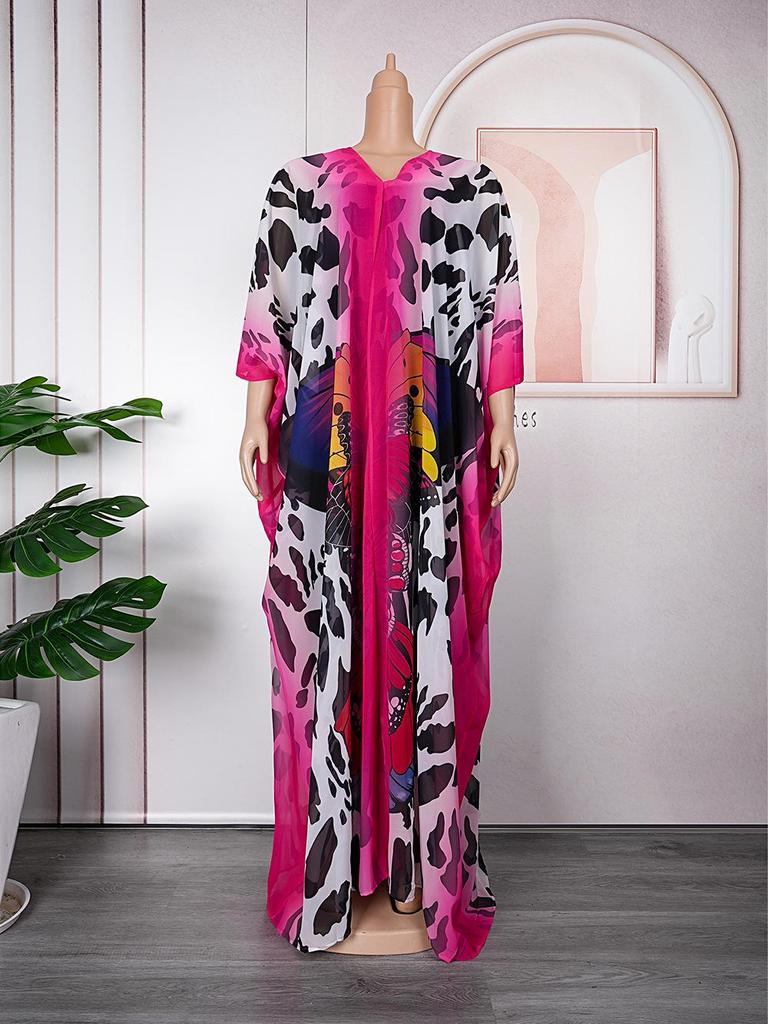 African Women's Plus Size Chiffon Print Beach Dress and Robe Set