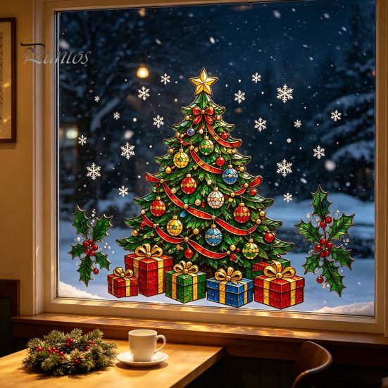 Winter Wonderland Window Decor Christmas Stickers, Holiday Decorations, Festive Art with Xmas Tree Wall Stickers Snowman Angel Patterns for Home Door
