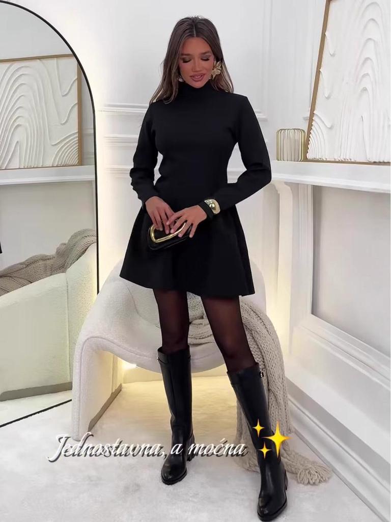 2025 Autumn High Neck Long Sleeve Black Short Dress for Women