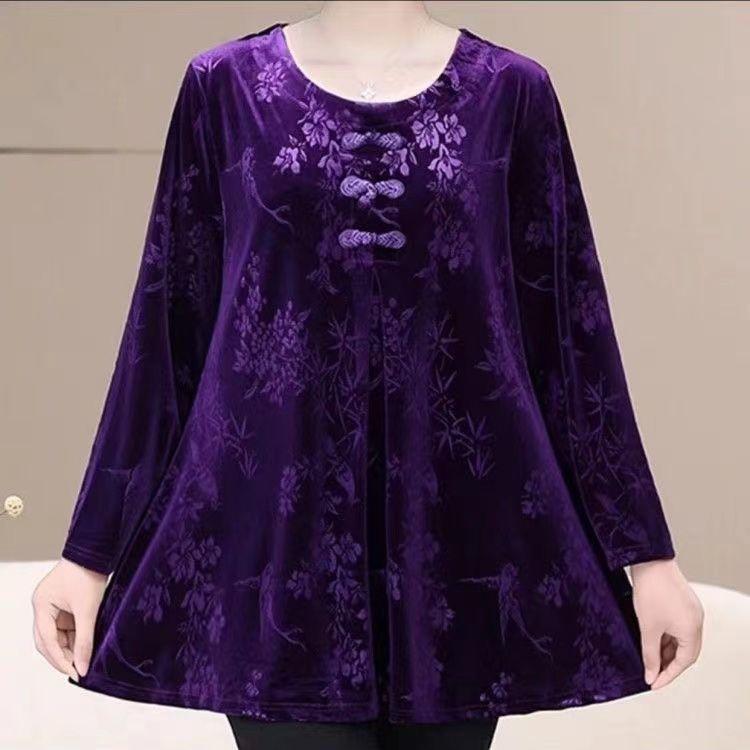 Women's Plus Size Velvet Blouse Round Neck Jacquard Loose Pullover Base Shirt Long Sleeve Velvet T-Shirt Top