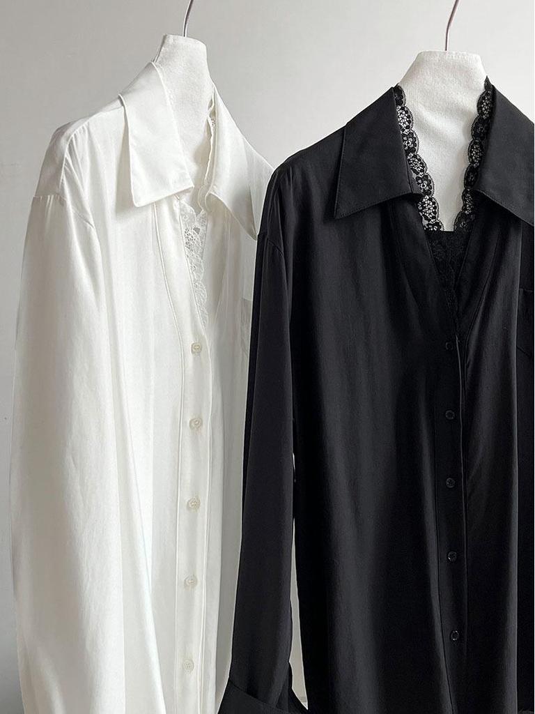 LUXI High-End French Polo Collar Lace Patchwork Women's Shirt - Spring New Arrival Temperament Top