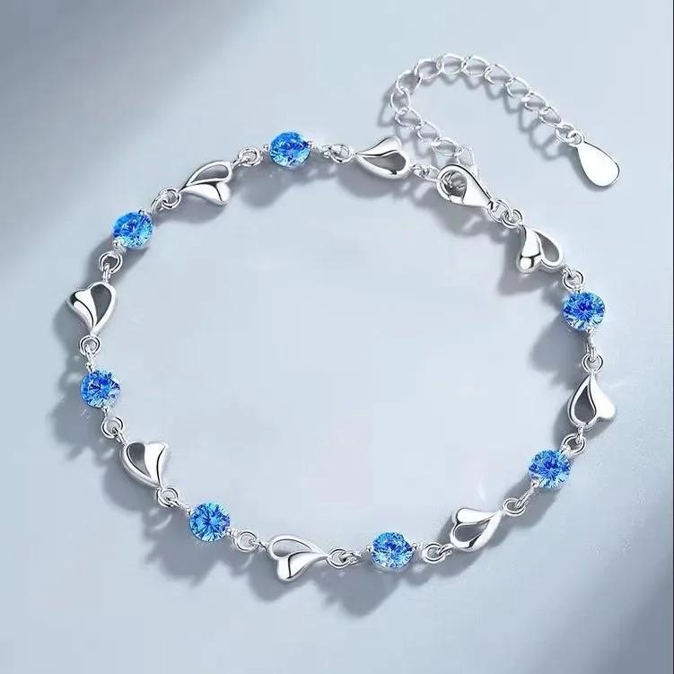 925 Silver Heart Shaped Necklace Bracelet Set for Women Vintage Korean Blue Crystal Bracelets Jewelry Set Party Jewelry