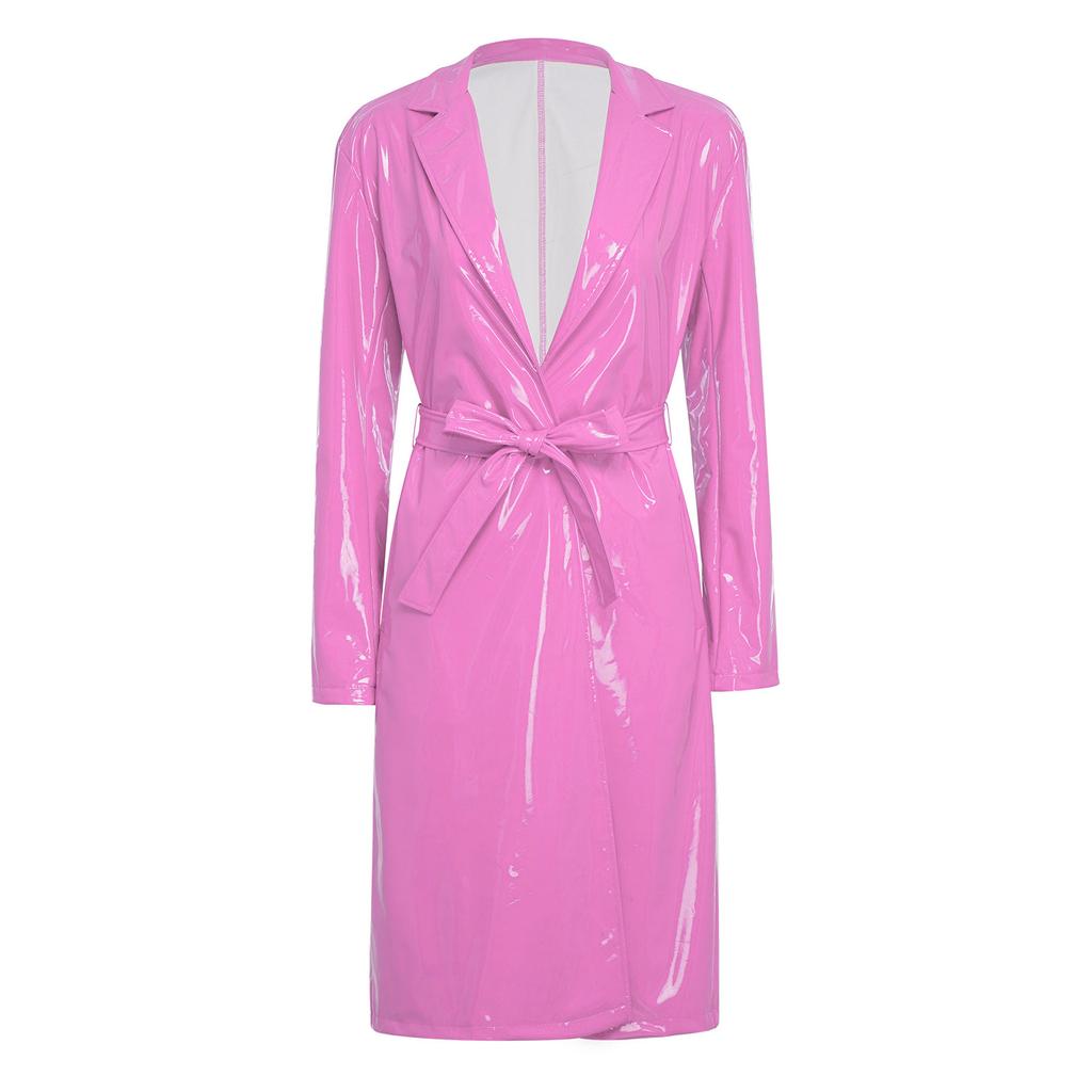 S-3XL Women‘s Long PU Leather Trench Coat: Glossy Lapel Blazer Style with Belt, Casual Open Front Jacket for Streetwear