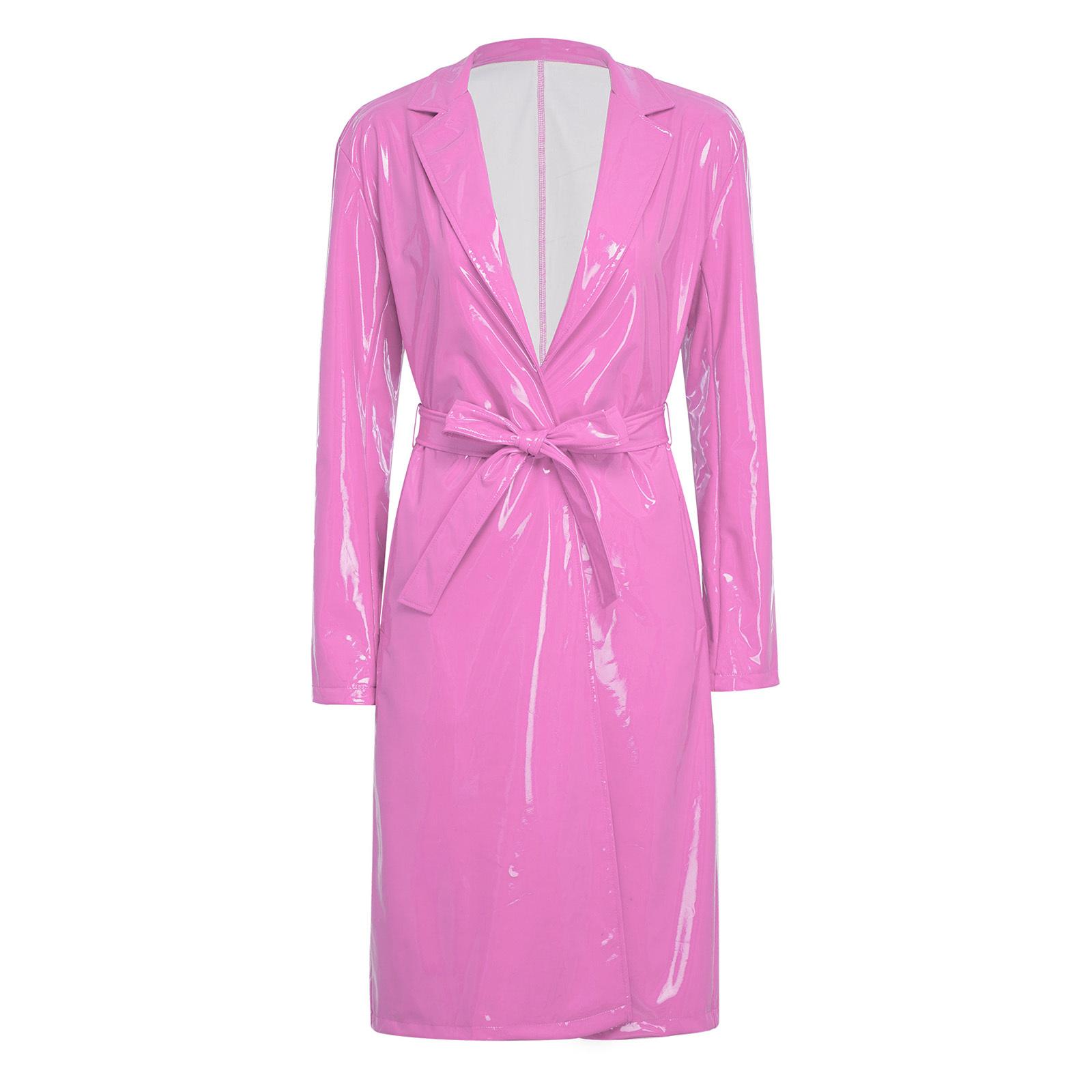 

Універсальний Довгий Жакет для Жінок S-3XL: Блискуча еко-шкіра з коміром-лацканами та поясом, Легкий шар для міста або відпустки S рожевий