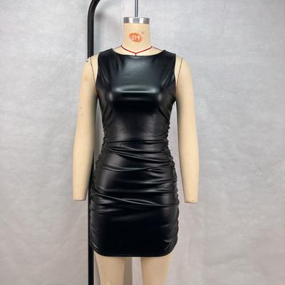 Slim Hip-covered Dress Women's Solid Color Sleeveless Pleated Waist-hugging Slim Leather Skirt Nightclub Skirt