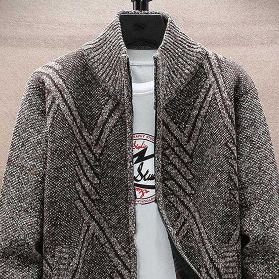 Gestrickte Langarm Herren Strickjacke Herbst Winter Geometrisches Muster Stehkragen Pullover Mantel Oberbekleidung