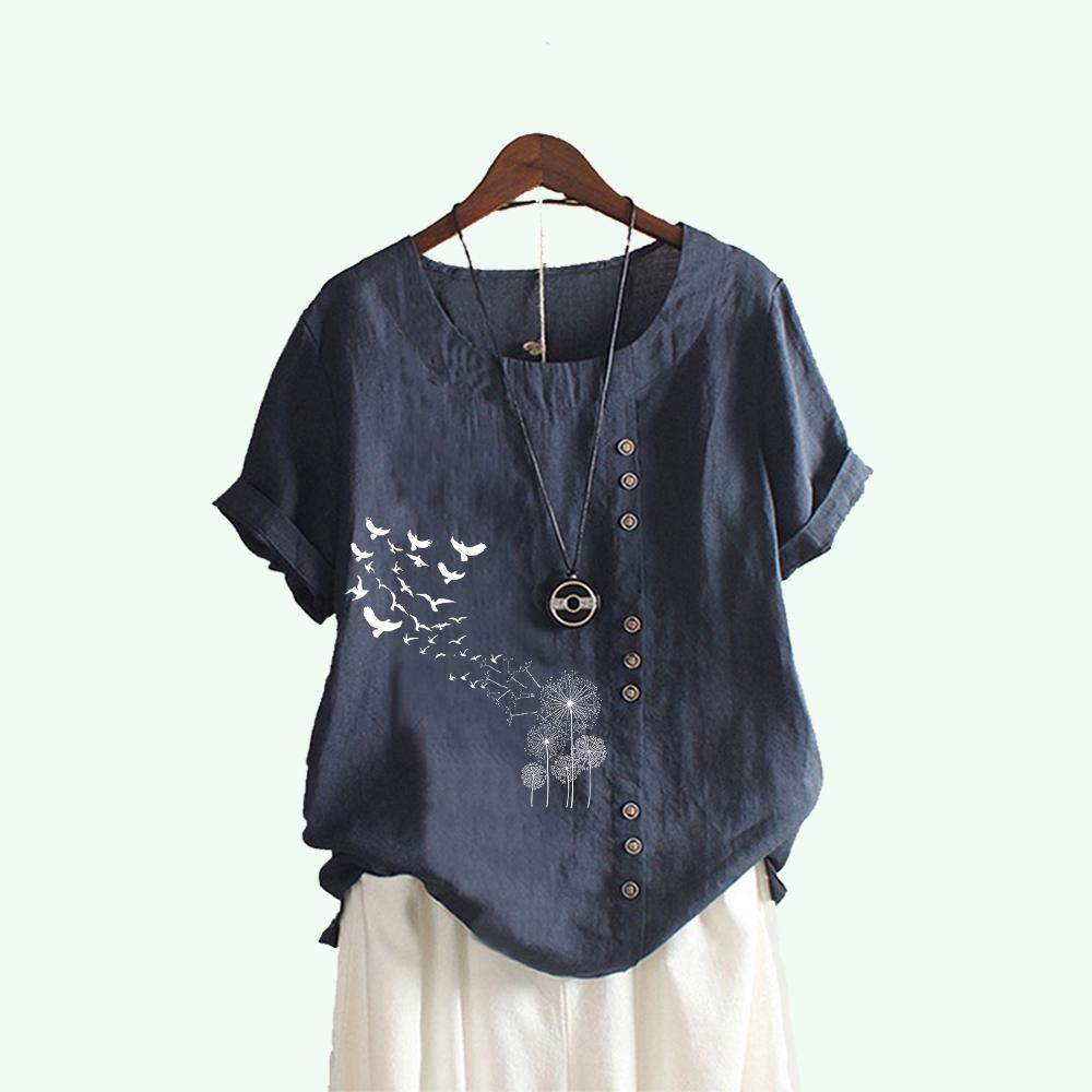 Damenmode Löwenzahn Print Kurzarm T-Shirt Sommer Casual Rundhals Pullover Lose Baumwolle Leinen Blusen