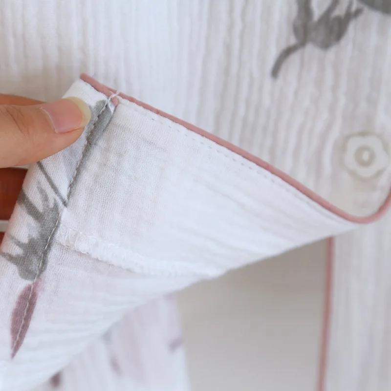 Neues Pyjama-Set für Damen, 100 % Baumwollkrepp, Blumenmuster, schlichtes, langärmeliges zweiteiliges Pyjama-Set