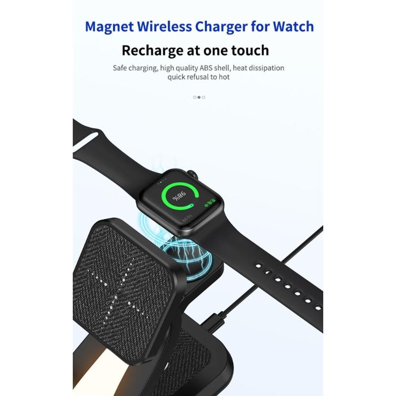 Magnetic Wireless Charging Station ABS Texture Suitable for Phone Watch Earphone Fast 15W Charging Built In Night Light