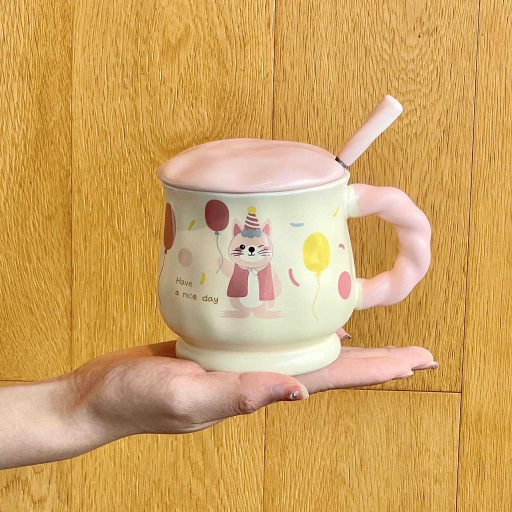 Cute Ceramic Mug Couple Cartoon Drinking Water Cup with Lid Spoon Office Coffee Cup Birthday Gift
